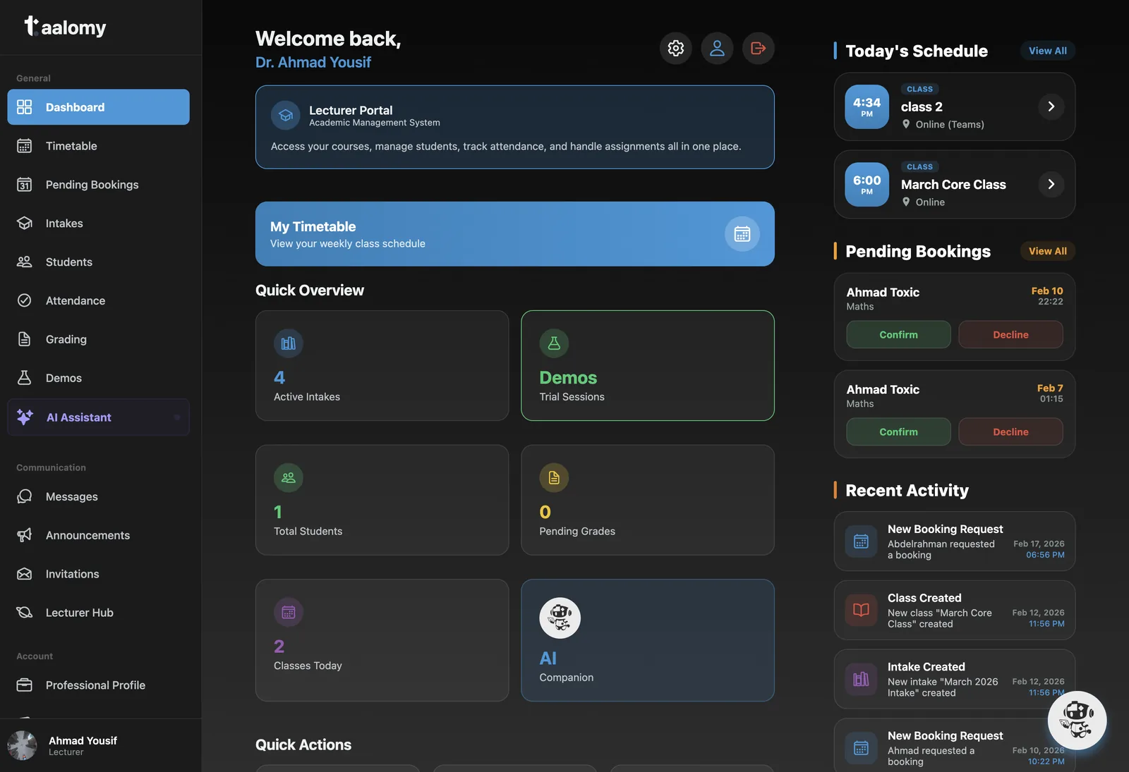 Taalomy lecturer dashboard